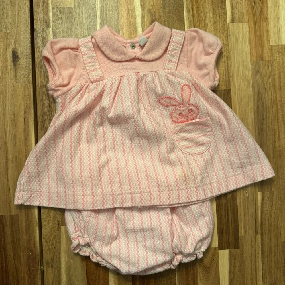 Vintage Carters Baby Girls Pink Chevron‎ Bunny Dress and Bloomers Set 12 Months